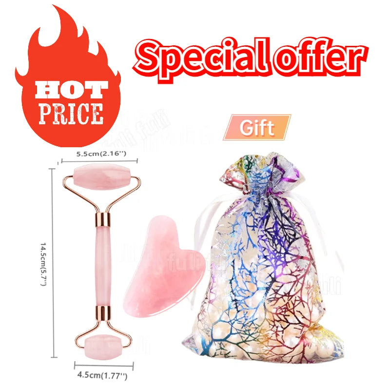 Rosenquarz-Gesichtsmassage-Set „Glow & Flow“ – Jade Roller & Gua Sha für strahlende Haut