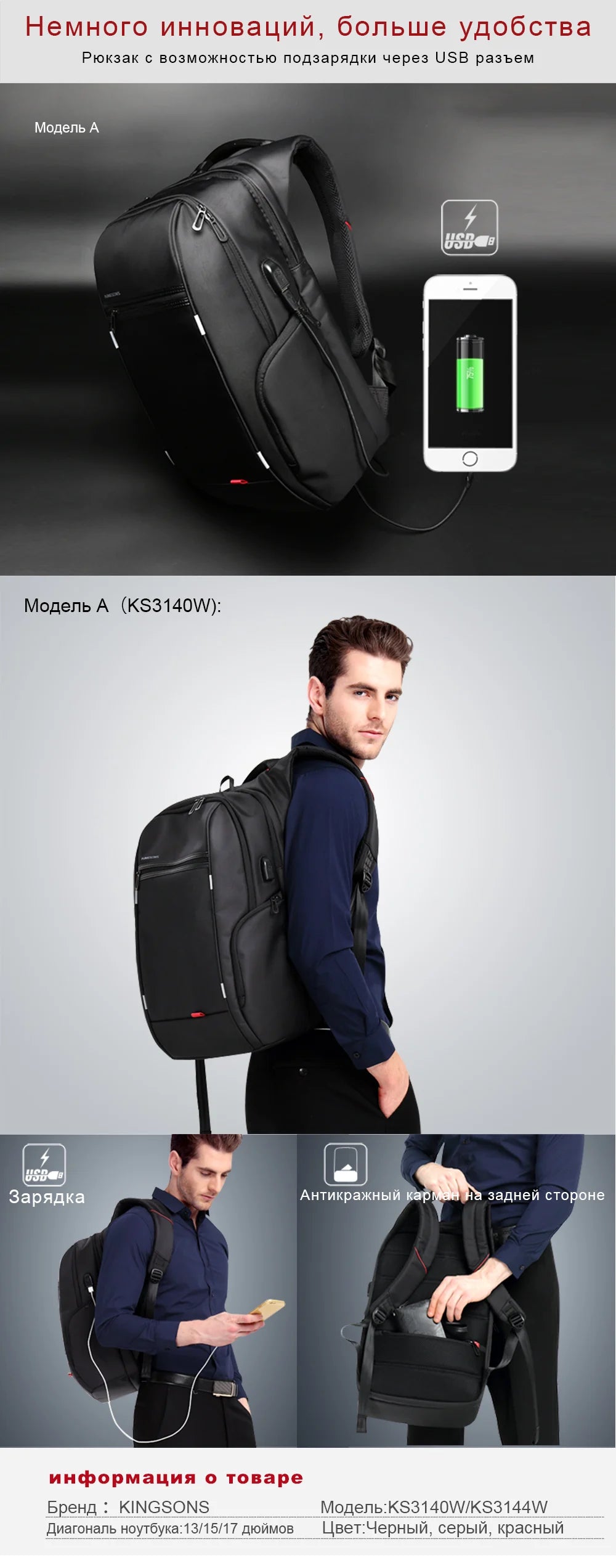 Diebstahlsicherer Laptop-Rucksack von Kingsons 15 Zoll